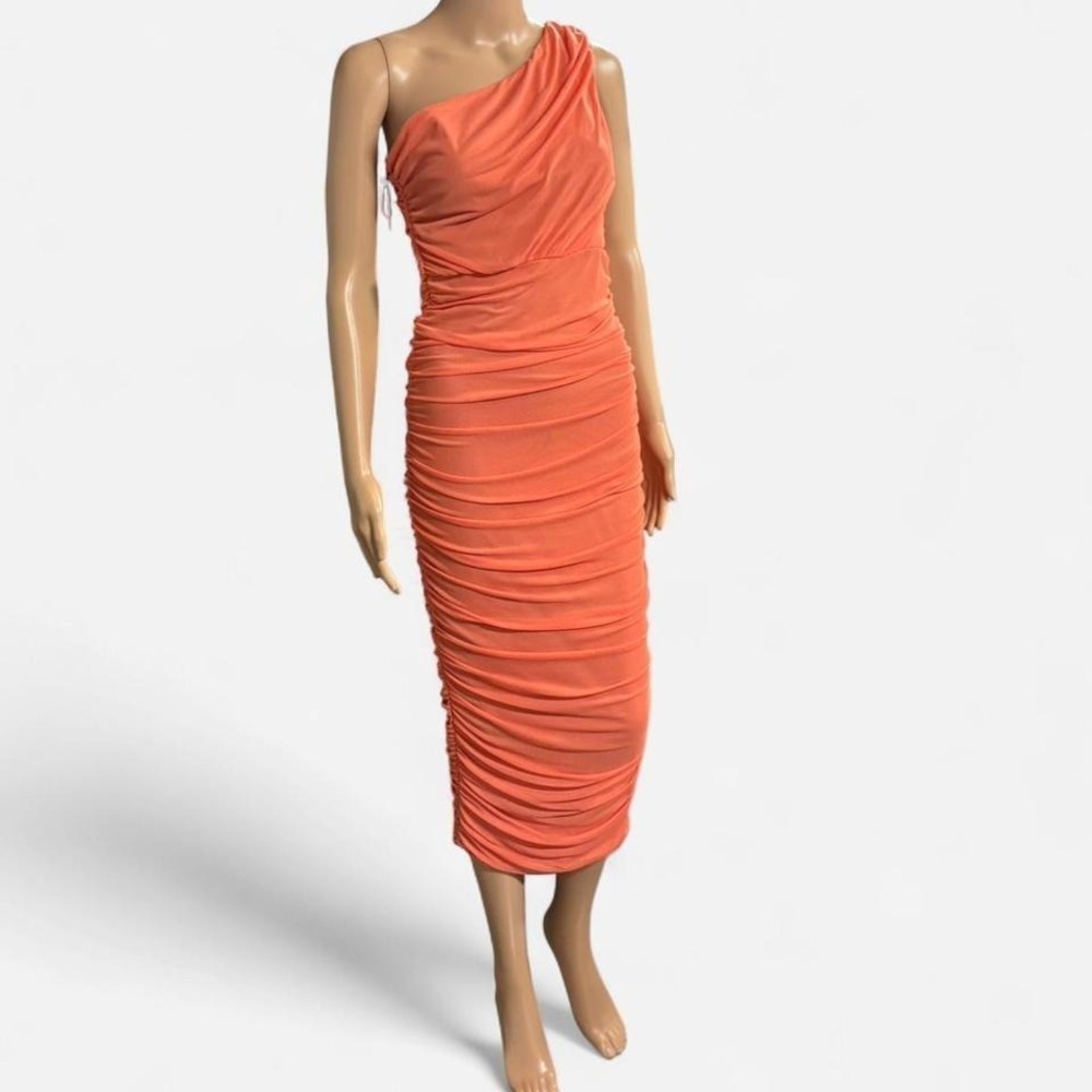 Coral Ruched One Shoulder Midi Dress Bodycon Cocktail Party Peach Sleeveless